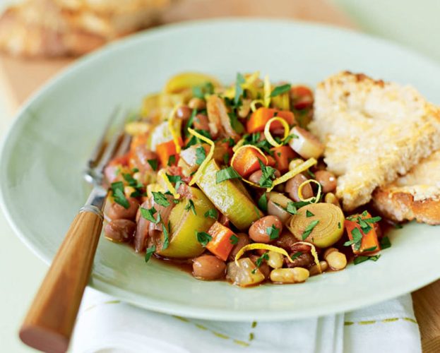 Garlicky vegetable, bean and herb pot with Parmesan toasts