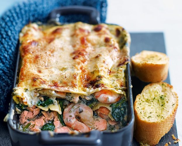 prawn, spinach and salmon lasagne
