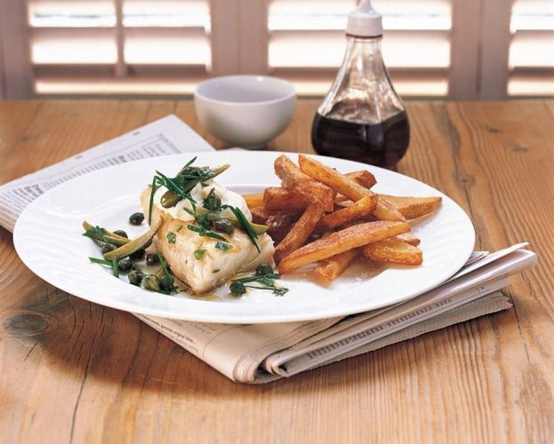 Homemade fish and chips, with caper and gherkin sauce