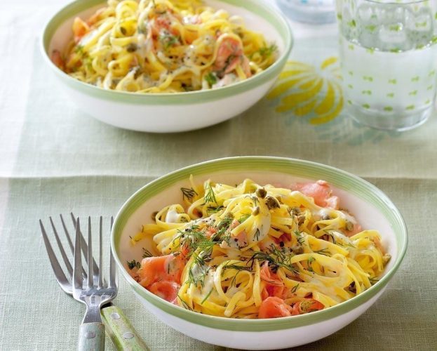 Smoked salmon and caper linguine