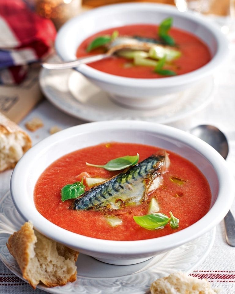 Chilled tomato soup with mackerel