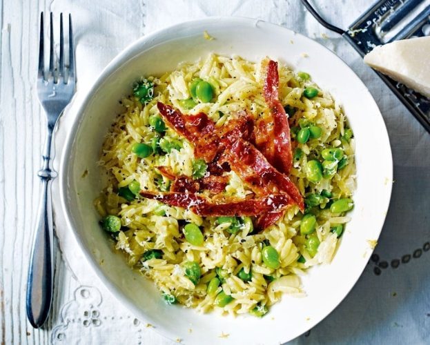 Broad beans, lemon and pancetta orzotto
