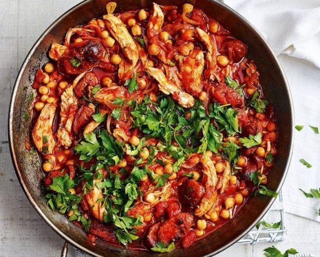 Turkey and chorizo stew in a pan