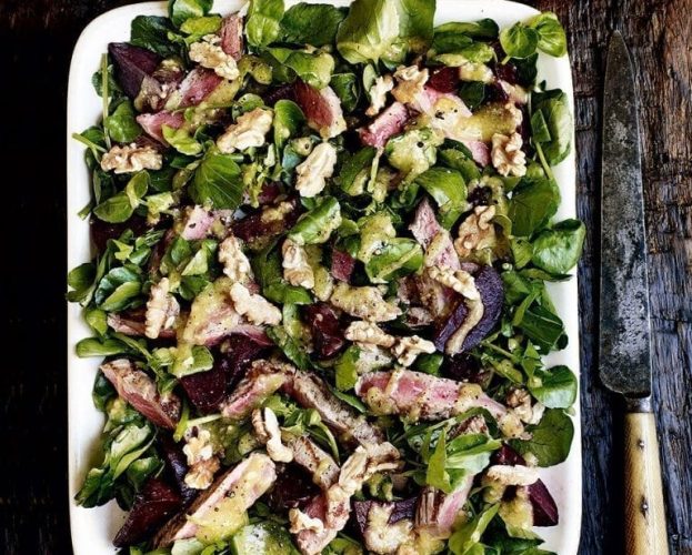 Steak tagliata with roast beetroot and watercress