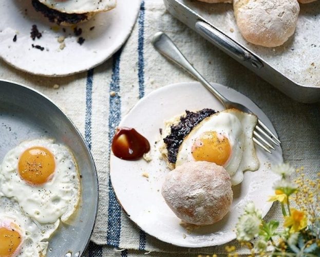Egg and black pudding on a Scottish morning roll