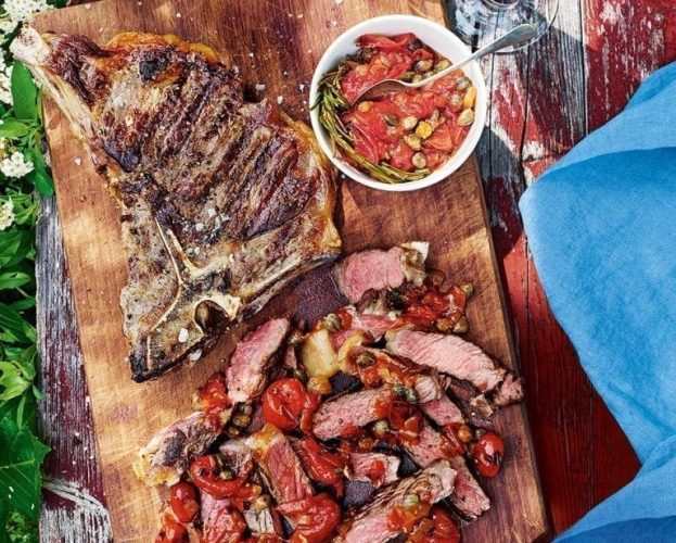 T-bone steaks with tomato, caper and rosemary sauce