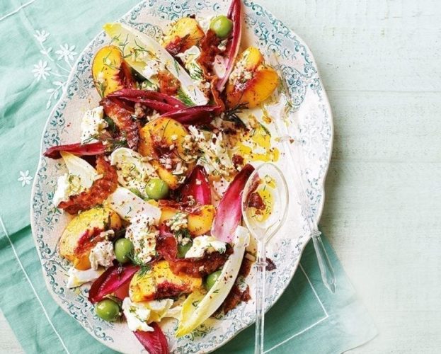 Peach, crispy pancetta, olive and mozzarella salad