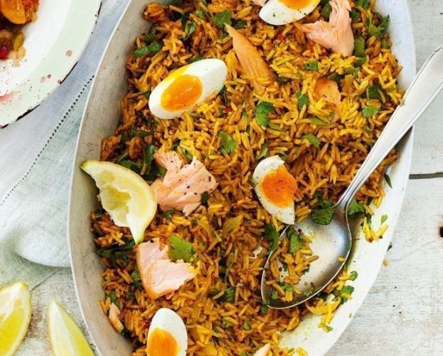 Kedgeree in a white serving bowl