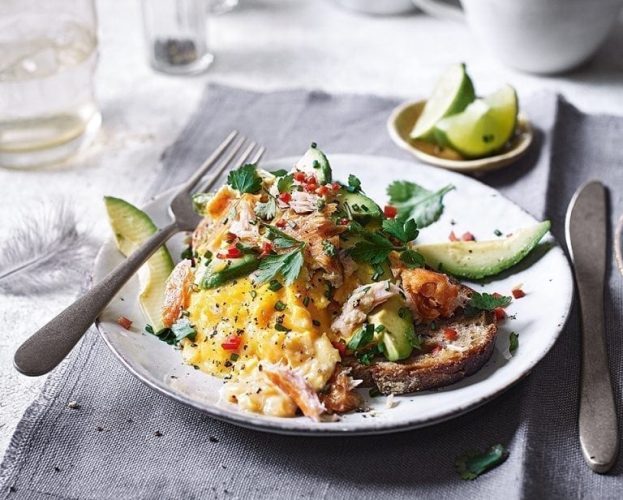 Scrambled eggs with avocado and a salmon salsa
