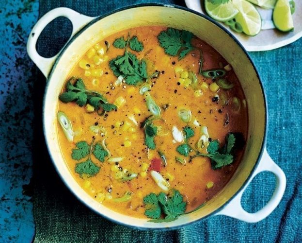 Vegan sweetcorn chowder in a pot