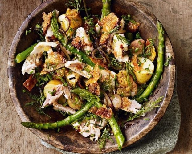 Salad of chicken, anchovies, jersey royals, asparagus, dill and chives