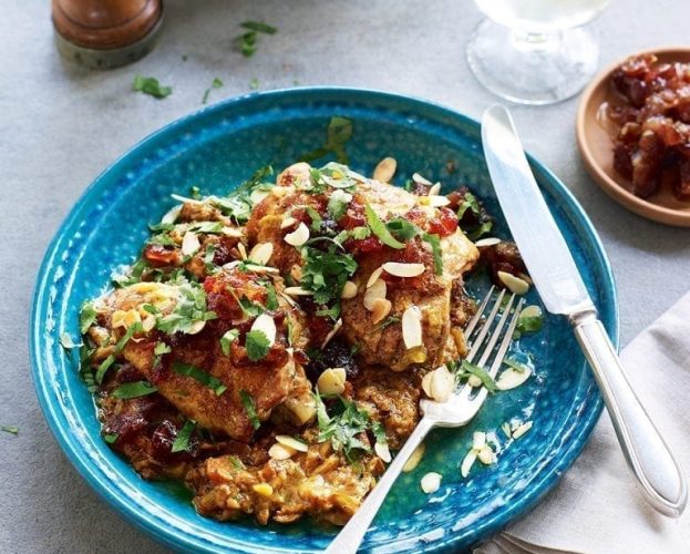 Chicken braised in almond milk with medjool date salsa