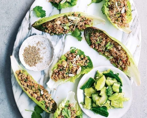 Toasted quinoa and pork mince laab (larb) with smashed cucumber