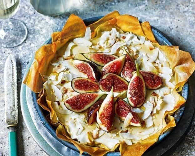 Ricotta filo tart with figs, rum and toasted coconut