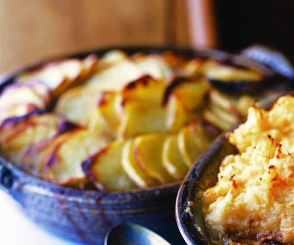 Lancashire hotpot in a blue bowl