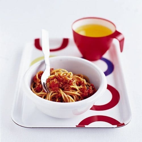 Vegan bolognese sauce in a white bowl