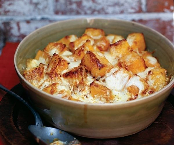 Squash gratin in a stoneware bowl