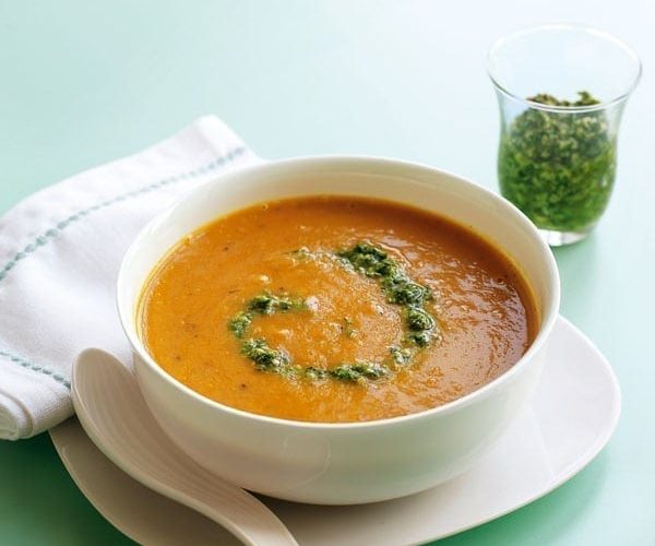 Roasted vegetable soup with walnut and sage pesto