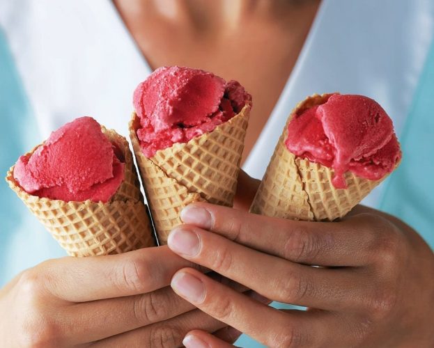 Raspberry and redcurrant sorbets in cones
