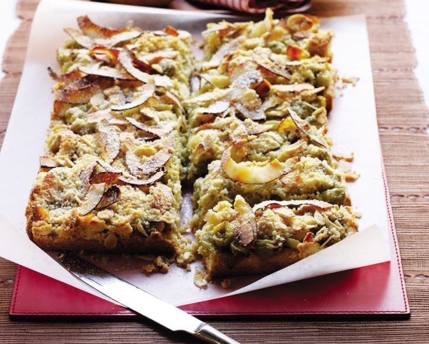 Gooseberry streusel cake with elderflower syrup