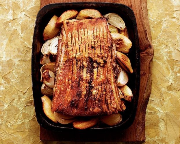 Slow roast pork belly with quince