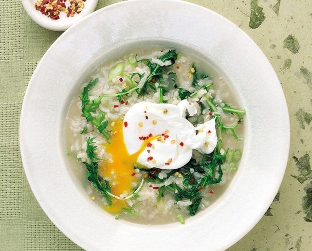 Congee with eggs and greens
