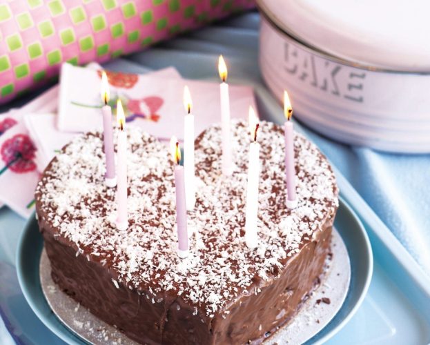 Chocolate and coconut heart-shaped cake