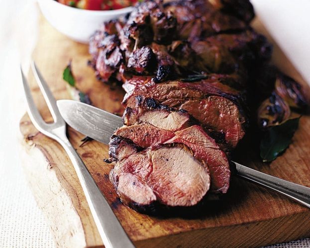 Barbecued leg of lamb with tomato and mint salsa