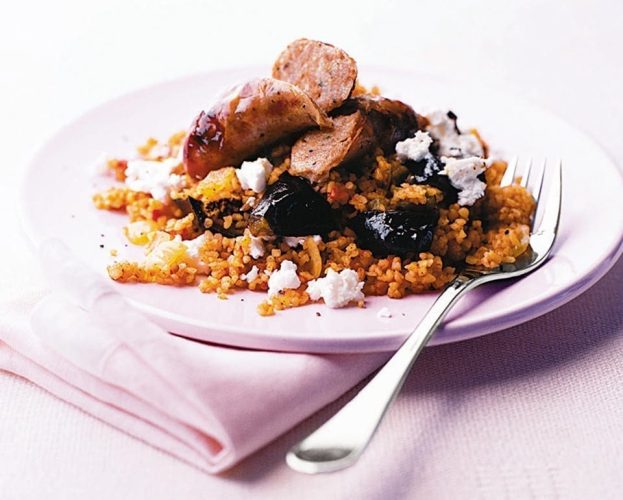 Sausages with aubergine bulgur pilaf