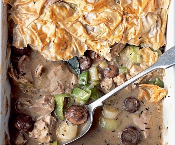 Chicken, mushroom and leek pie with a filo topping