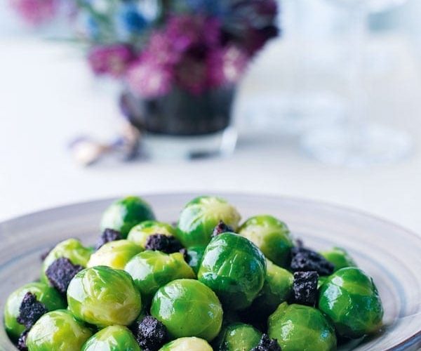 Brussels sprouts with black pudding, shown in a bowl