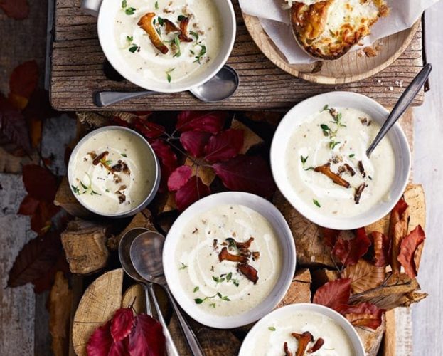 Celeriac and apple soup with girolle mushrooms