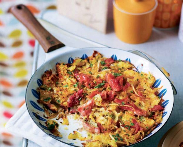Ham and potato rosti in a pan