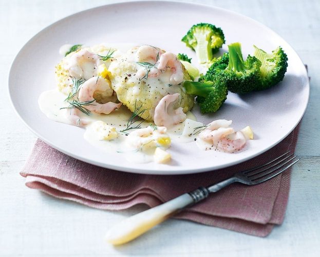 White fishcakes with prawn, egg and dill sauce