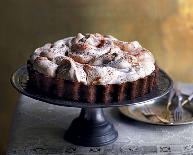 Chocolate meringue pie on a stand