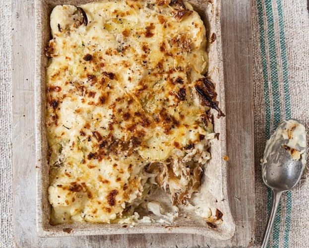 Smoked mackerel gratin in a rectangular serving dish