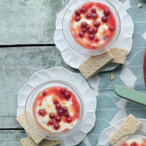 Redcurrant ripple custard pudding on two fluted plates
