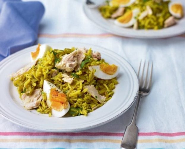 Kedgeree made with tuna on a white plate