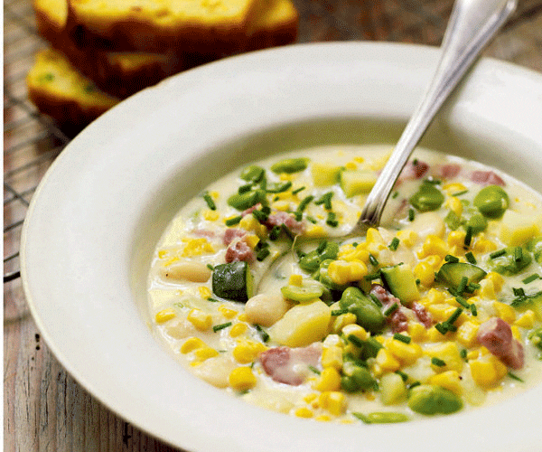 Succotash stew recipe in a white bowl