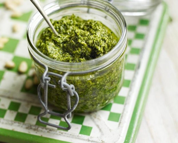 A jar of homemade wild garlic pesto