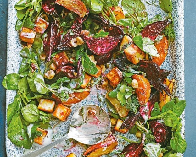 Paneer and beetroot salad shown on a silver plate ortray
