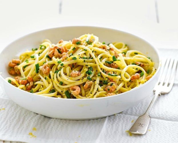 Brown shrimp pasta with garlic and chives