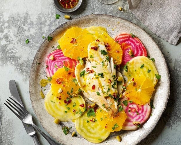 Fish with rainbow beetroot and orange salad