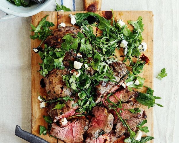 Grilled leg of lamb with goat's cheese and herb salad