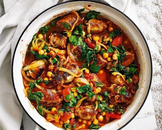 Quick sausage casserole in a white casserole dish