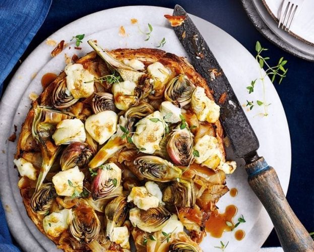 Artichoke, melted onion and brie tart