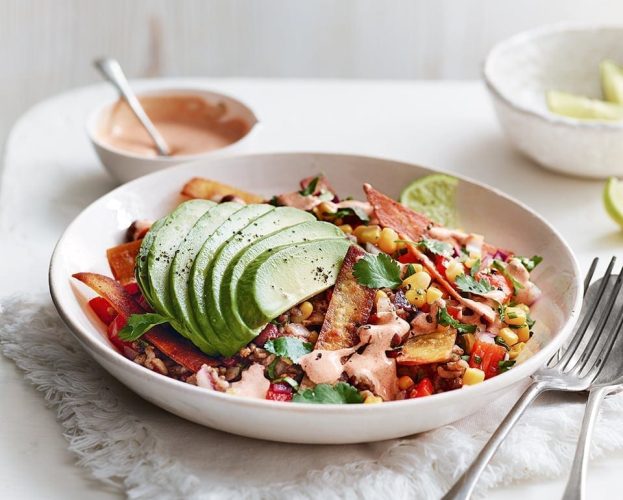 Crispy Mexican tortilla rice bowl