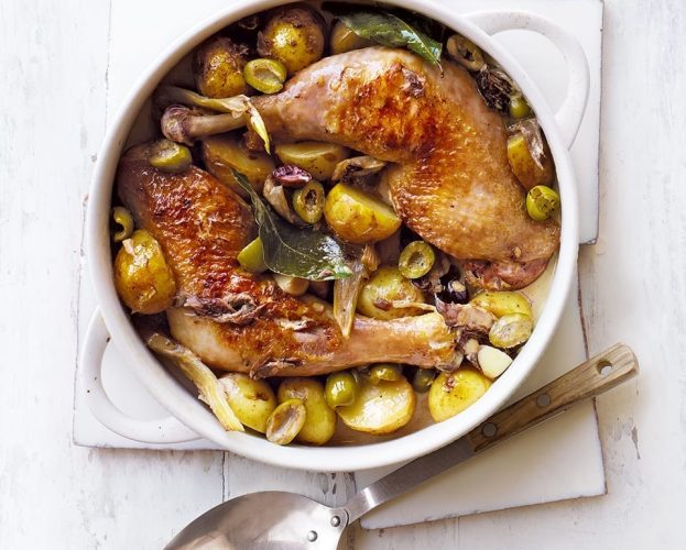 Chicken cacciatore in a white bowl