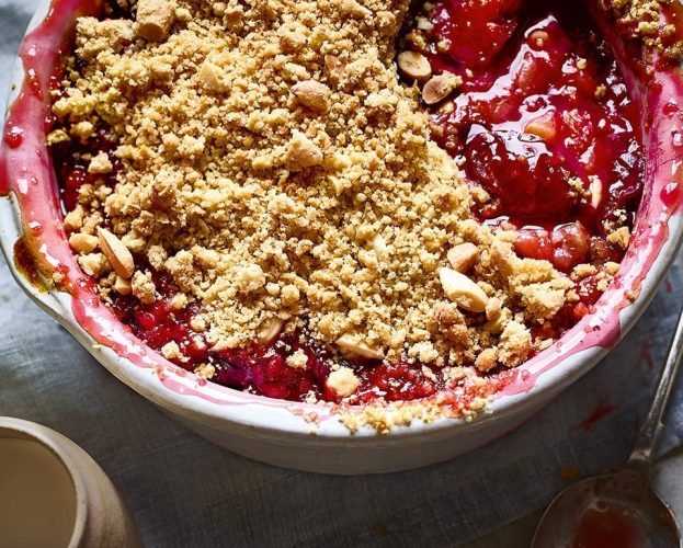 Nutty plum and sloe gin crumble