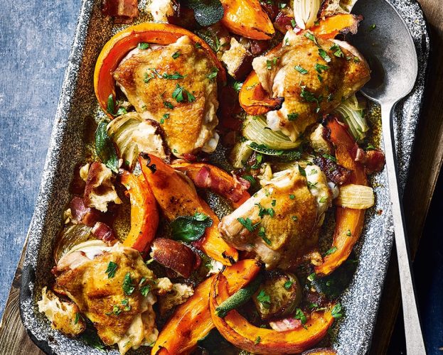 Pumpkin and chicken tray bake